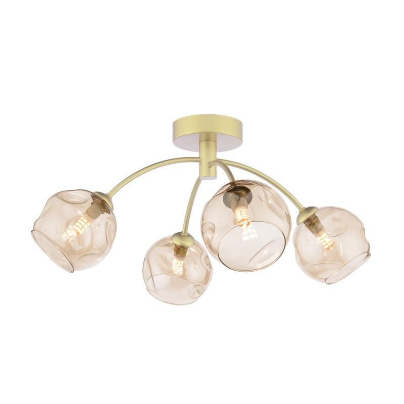 Dar Lighting Izzy 4 Light Semi-Flush Matt Gold With Organic Amber Glass • IZZ0435-16