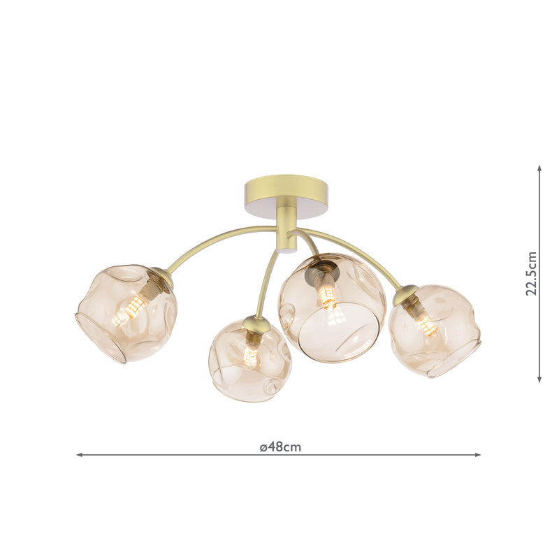 Dar Lighting Izzy 4 Light Semi-Flush Matt Gold With Organic Amber Glass • IZZ0435-16