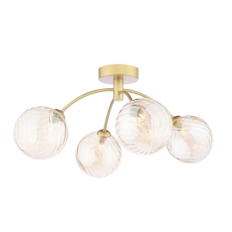 Dar Lighting Izzy 4 Light Semi-Flush Matt Gold With Twisted Amber Glass • IZZ0435-26