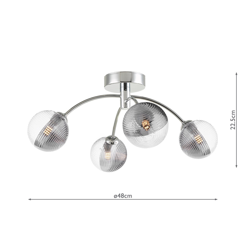 Dar Lighting Izzy 4 Light Semi Flush Polished Chrome With Smoked/Clear Ribbed Glass • IZZ0450-18