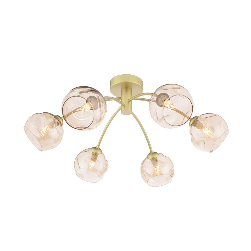 Dar Lighting Izzy 6 Light Semi-Flush Matt Gold With Organic Amber Glass • IZZ0635-16