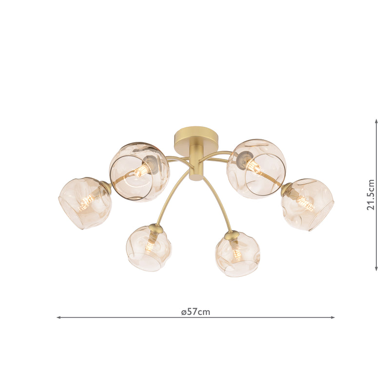 Dar Lighting Izzy 6 Light Semi-Flush Matt Gold With Organic Amber Glass • IZZ0635-16