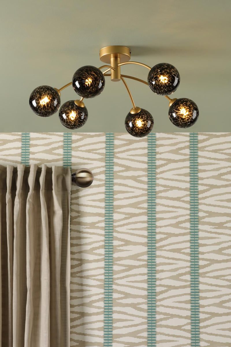 Dar Lighting Izzy 6 Light Semi-Flush Matt Gold With Black Confetti Glass • IZZ0635-21