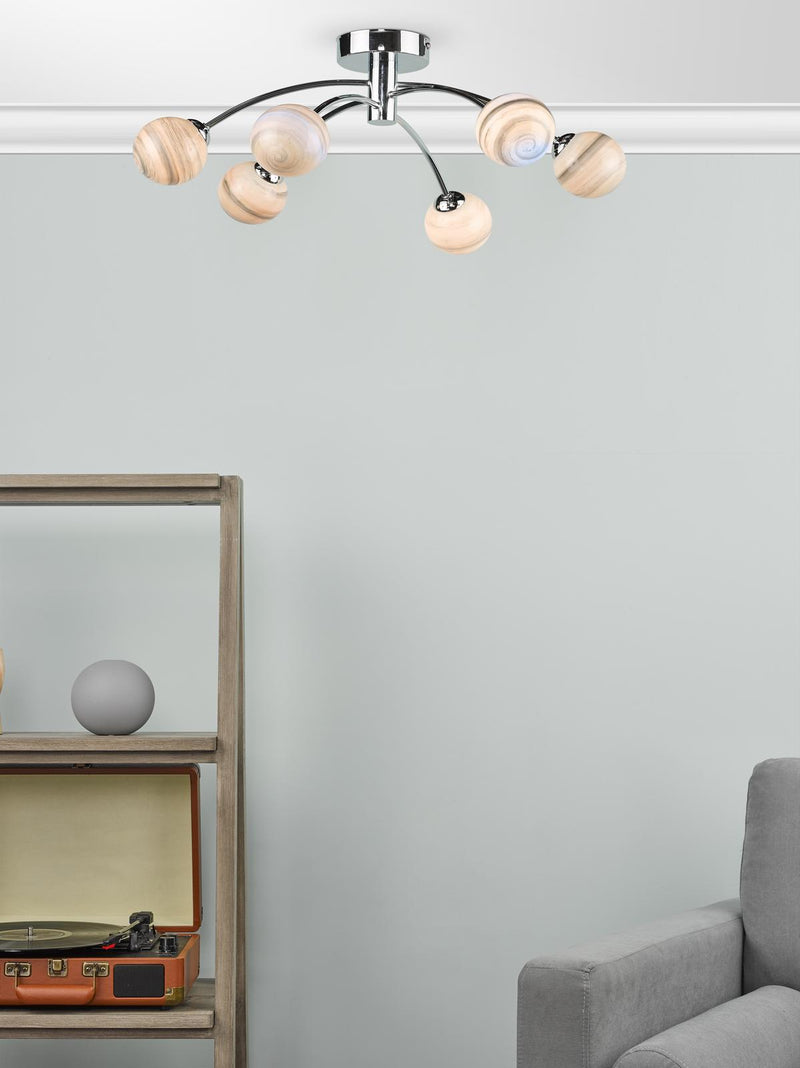 Dar Lighting Izzy 6lt Semi Flush Polished Chrome With Planet Style Glass • IZZ0650-07