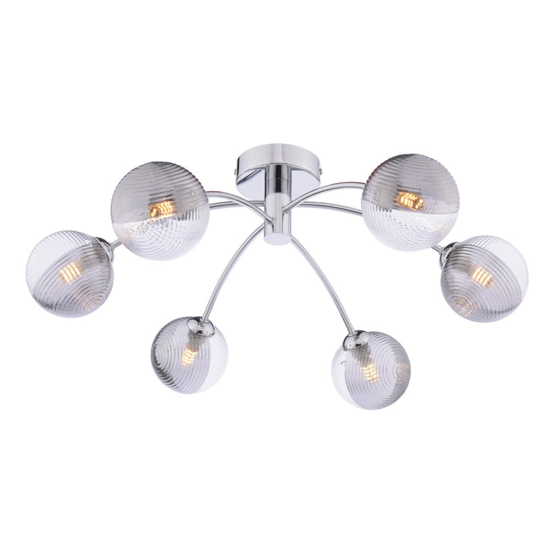 Dar Lighting Izzy 6lt Semi Flush Polished Chrome With Smoked/Clear Ribbed Glass • IZZ0650-18