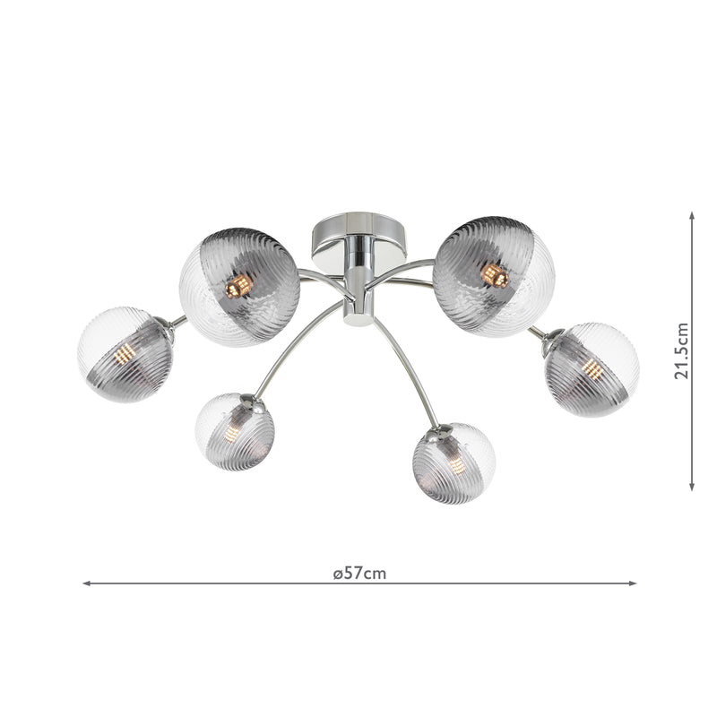 Dar Lighting Izzy 6lt Semi Flush Polished Chrome With Smoked/Clear Ribbed Glass • IZZ0650-18