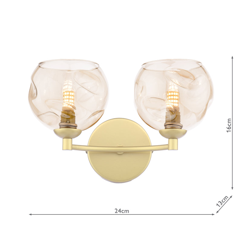Dar Lighting Izzy 2 Light Wall Light Matt Gold With Organic Amber Glass • IZZ0935-16