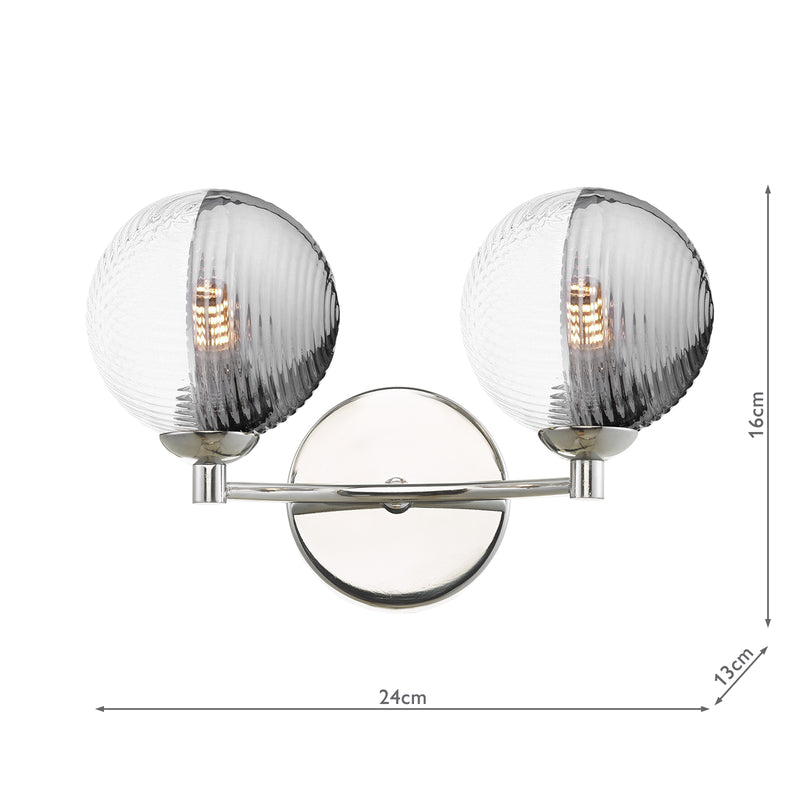 Dar Lighting Izzy 2 Light Wall Light Polished Chrome With Smoked/Clear Ribbed Glass • IZZ0950-18
