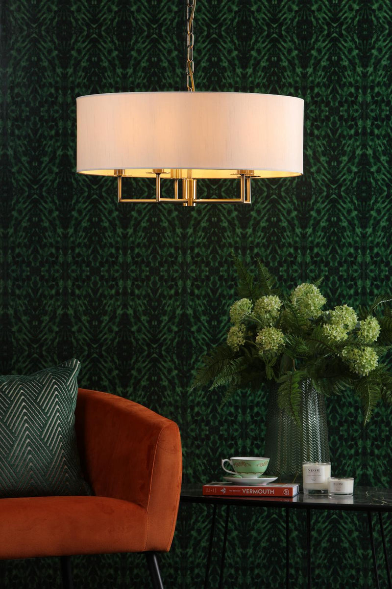 Dar Lighting Jamelia 5 Light Shadelier Antique Brass Taupe Shade • JAM0501