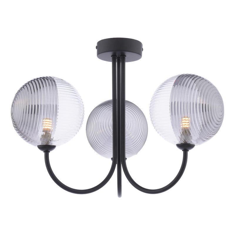 Dar Lighting Jared 3 Light Semi Flush Matt Black With Smoked/Clear Ribbed Glass • JAR0322-19