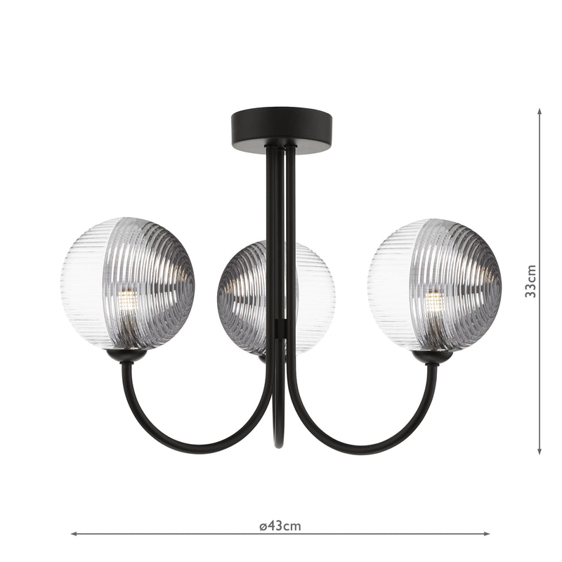 Dar Lighting Jared 3 Light Semi Flush Matt Black With Smoked/Clear Ribbed Glass • JAR0322-19