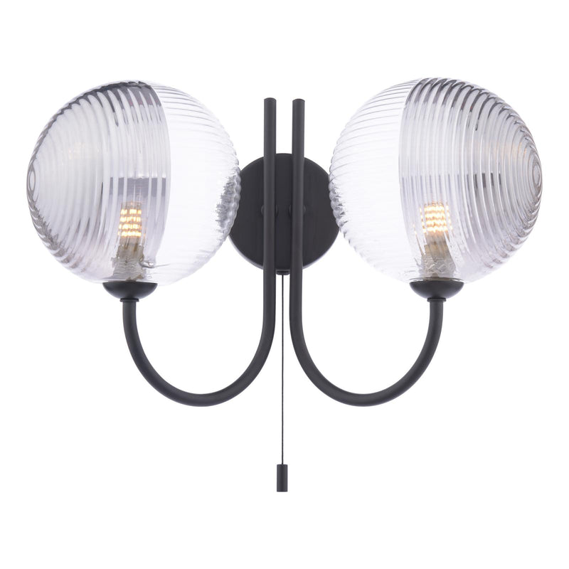 Dar Lighting Jared 2 Light Wall Light Matt Black With Smoked/Clear Ribbed Glass • JAR0922-19