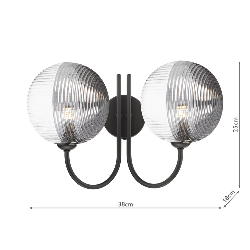 Dar Lighting Jared 2 Light Wall Light Matt Black With Smoked/Clear Ribbed Glass • JAR0922-19