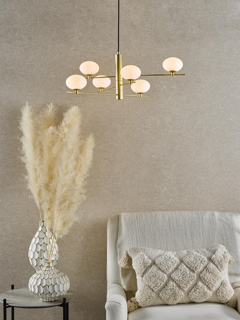 Dar Lighting Jasper 6 Light Pendant Satin Gold and Opal Glass • JAS0635