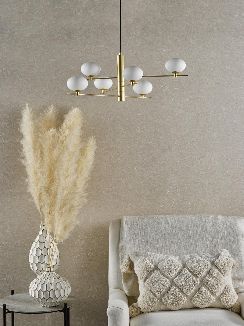 Dar Lighting Jasper 6 Light Pendant Satin Gold and Opal Glass • JAS0635
