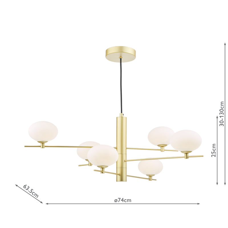 Dar Lighting Jasper 6 Light Pendant Satin Gold and Opal Glass • JAS0635