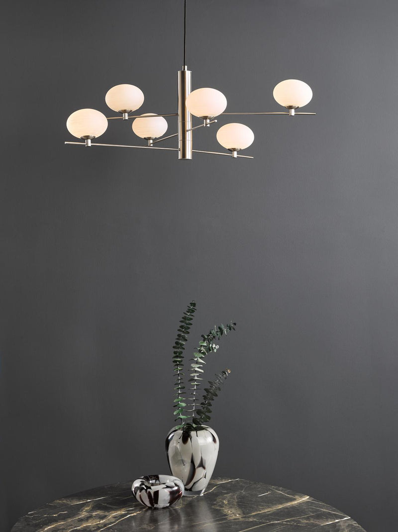 Dar Lighting Jasper 6 Light Pendant Satin Nickel and Opal Glass • JAS0646
