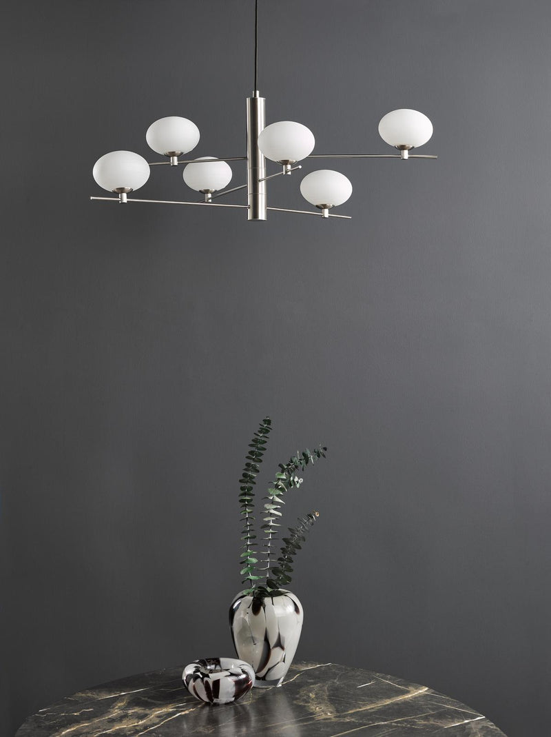Dar Lighting Jasper 6 Light Pendant Satin Nickel and Opal Glass • JAS0646