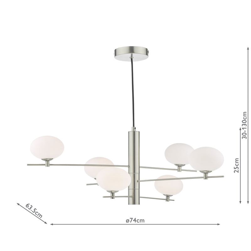 Dar Lighting Jasper 6 Light Pendant Satin Nickel and Opal Glass • JAS0646