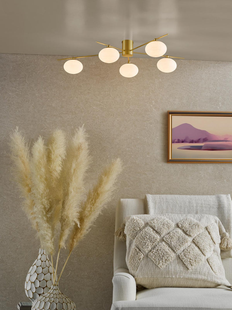 Dar Lighting Jasper 5 Light Semi-Flush Satin Gold and Opal Glass • JAS5435