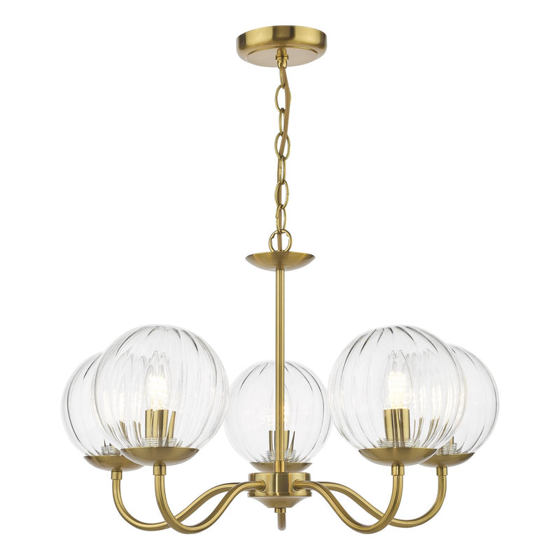 Dar Lighting Jocelyn 5 Light Armed Pendant Natural Brass and Glass • JOC0542