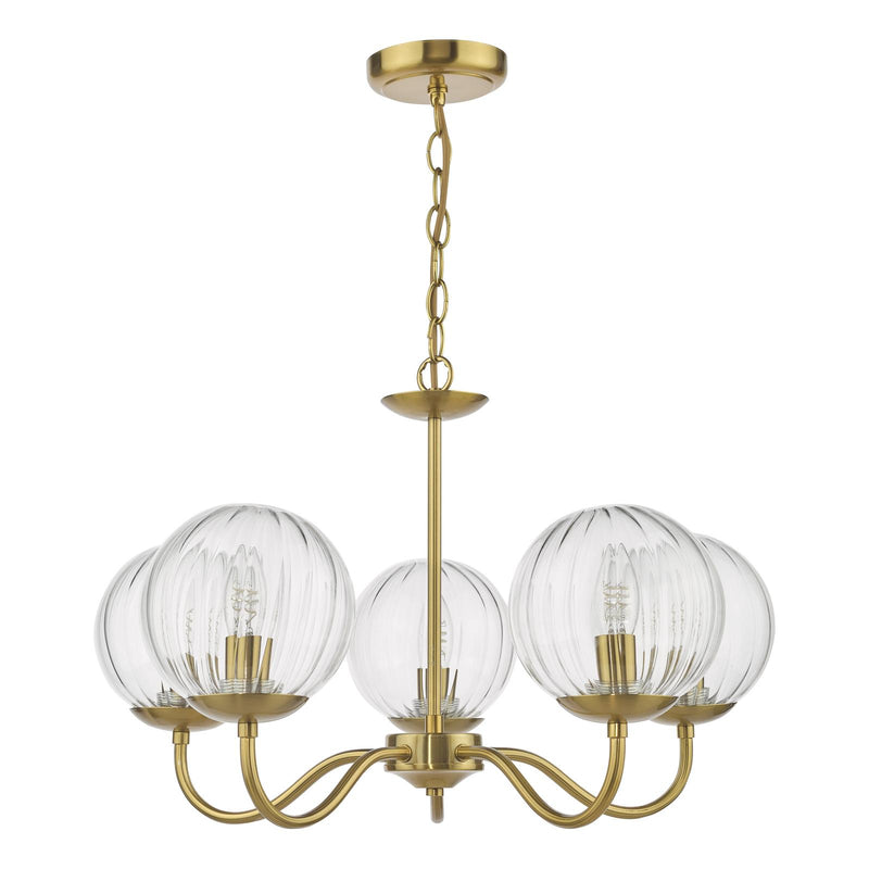 Dar Lighting Jocelyn 5 Light Armed Pendant Natural Brass and Glass • JOC0542