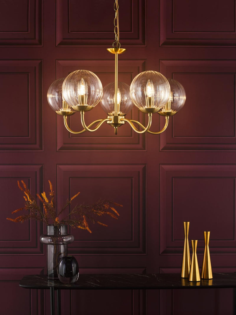 Dar Lighting Jocelyn 5 Light Armed Pendant Natural Brass and Glass • JOC0542