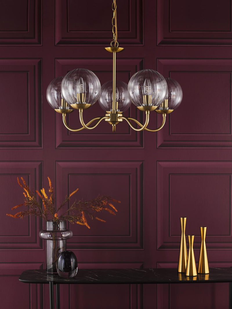 Dar Lighting Jocelyn 5 Light Armed Pendant Natural Brass and Glass • JOC0542