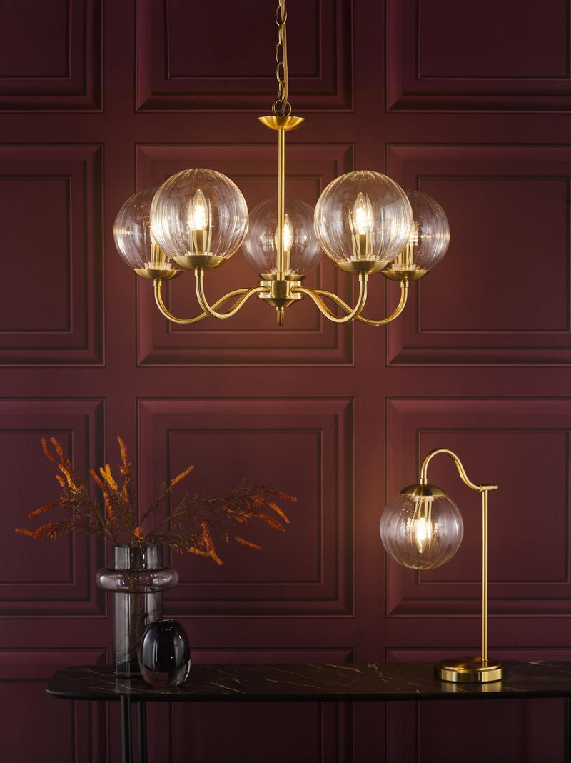 Dar Lighting Jocelyn 5 Light Armed Pendant Natural Brass and Glass • JOC0542