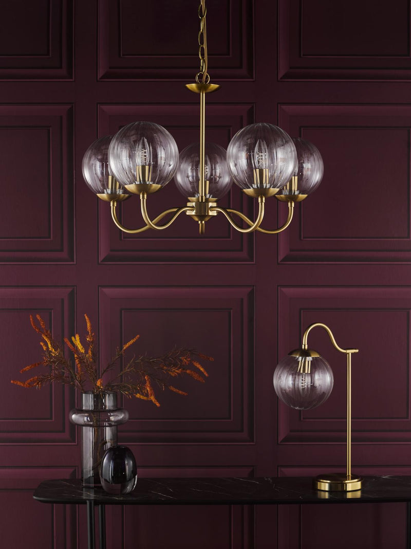 Dar Lighting Jocelyn 5 Light Armed Pendant Natural Brass and Glass • JOC0542
