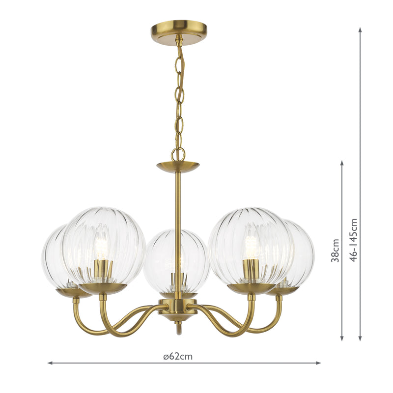 Dar Lighting Jocelyn 5 Light Armed Pendant Natural Brass and Glass • JOC0542