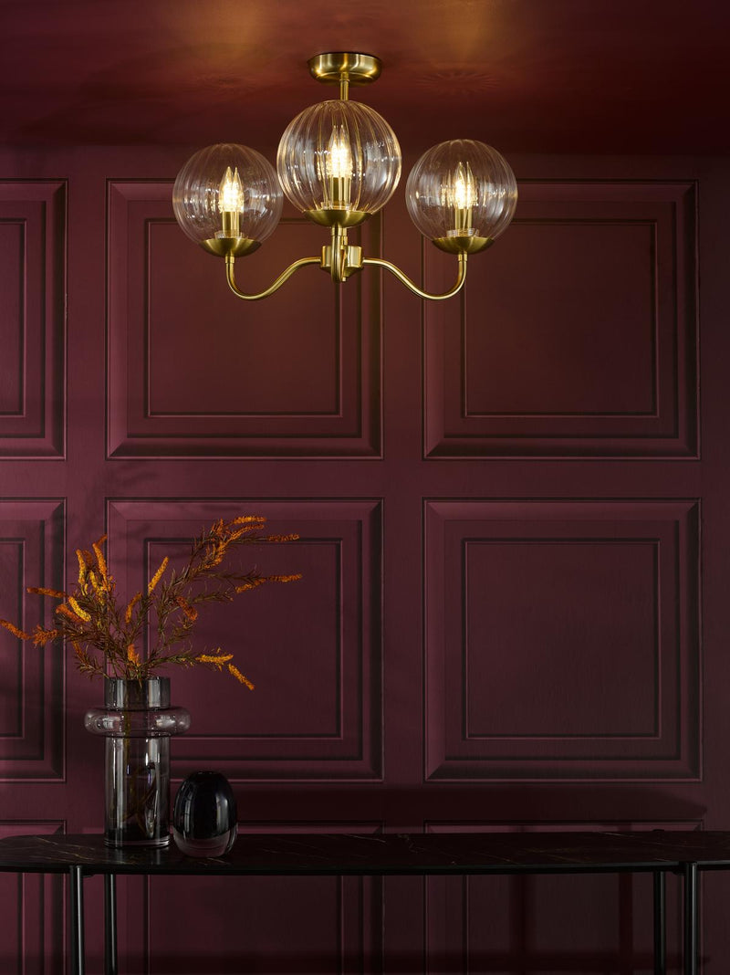 Dar Lighting Jocelyn 3 Light Semi-Flush Natural Brass and Glass • JOC5342