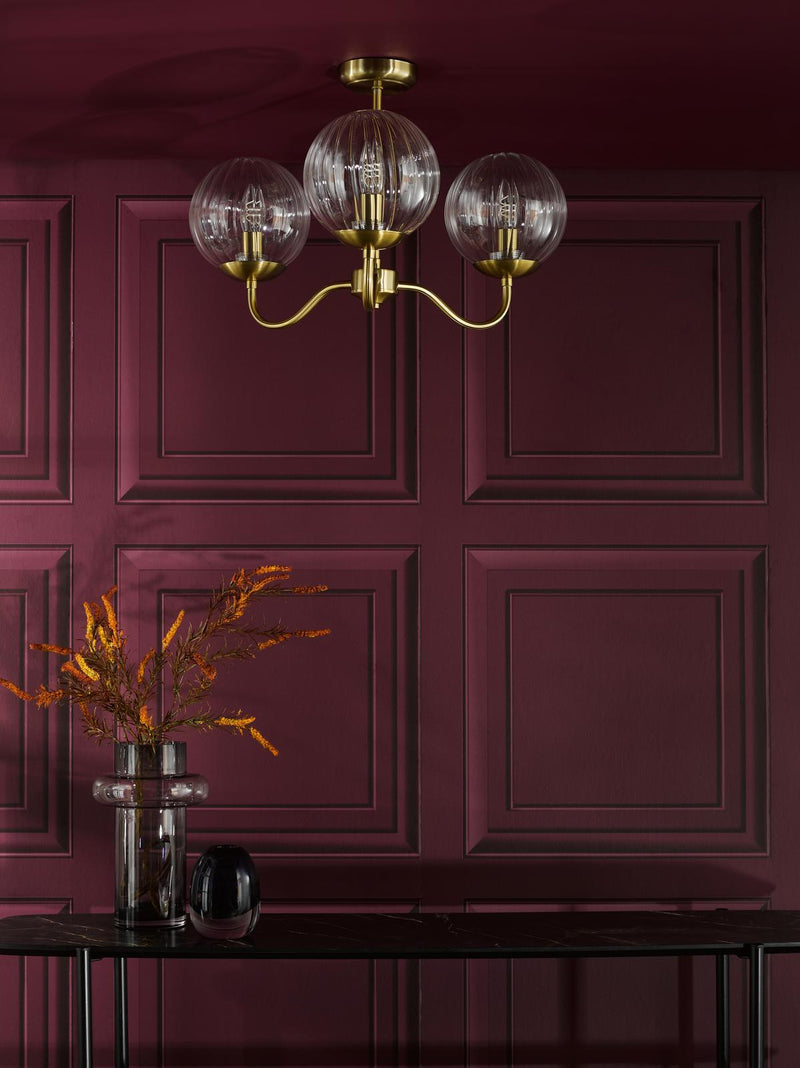 Dar Lighting Jocelyn 3 Light Semi-Flush Natural Brass and Glass • JOC5342