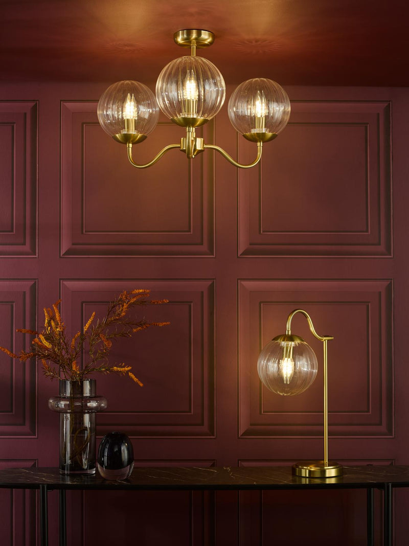 Dar Lighting Jocelyn 3 Light Semi-Flush Natural Brass and Glass • JOC5342