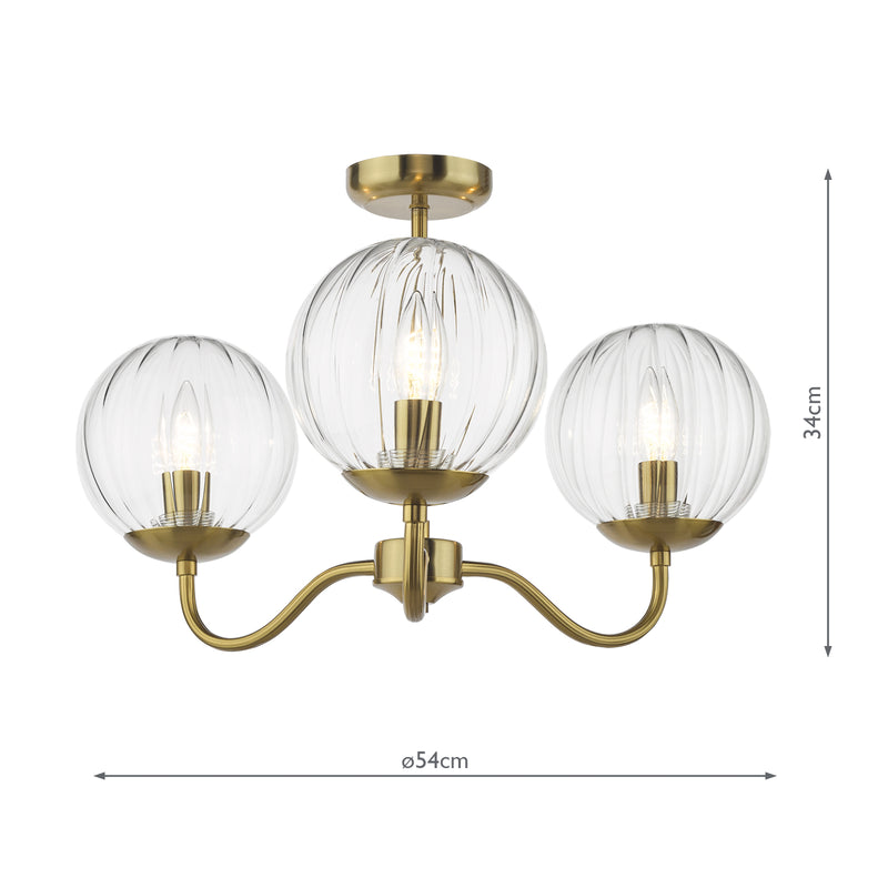 Dar Lighting Jocelyn 3 Light Semi-Flush Natural Brass and Glass • JOC5342