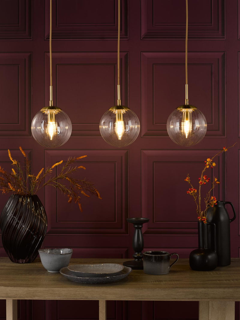 Dar Lighting Jocelyn 3 Light Bar Pendant Natural Brass and Glass • JOC6242