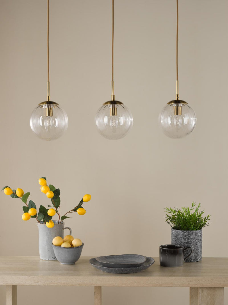 Dar Lighting Jocelyn 3 Light Bar Pendant Natural Brass and Glass • JOC6242