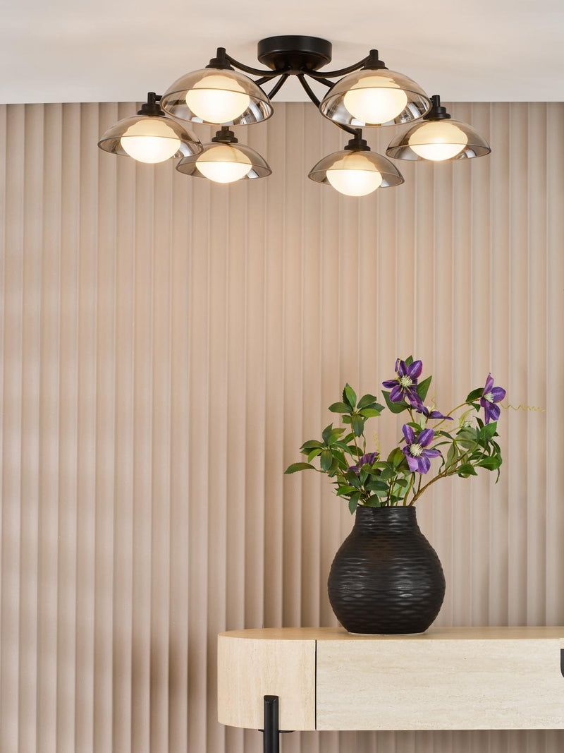 Dar Lighting Kadience 6 Light Semi-Flush Satin Black and Smoked Glass • KAD0622