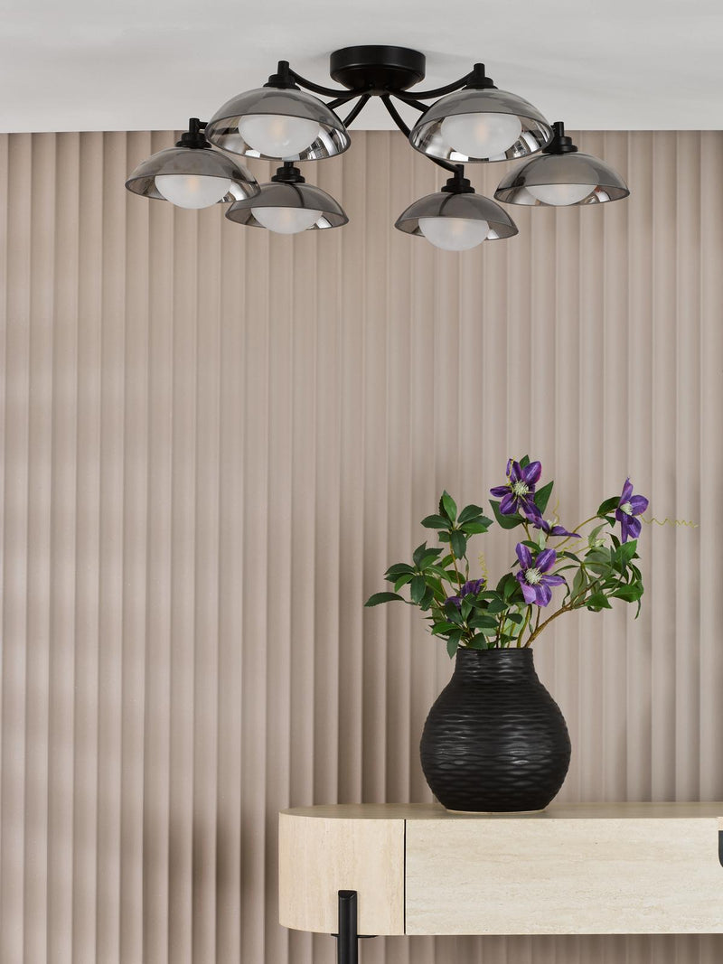 Dar Lighting Kadience 6 Light Semi-Flush Satin Black and Smoked Glass • KAD0622