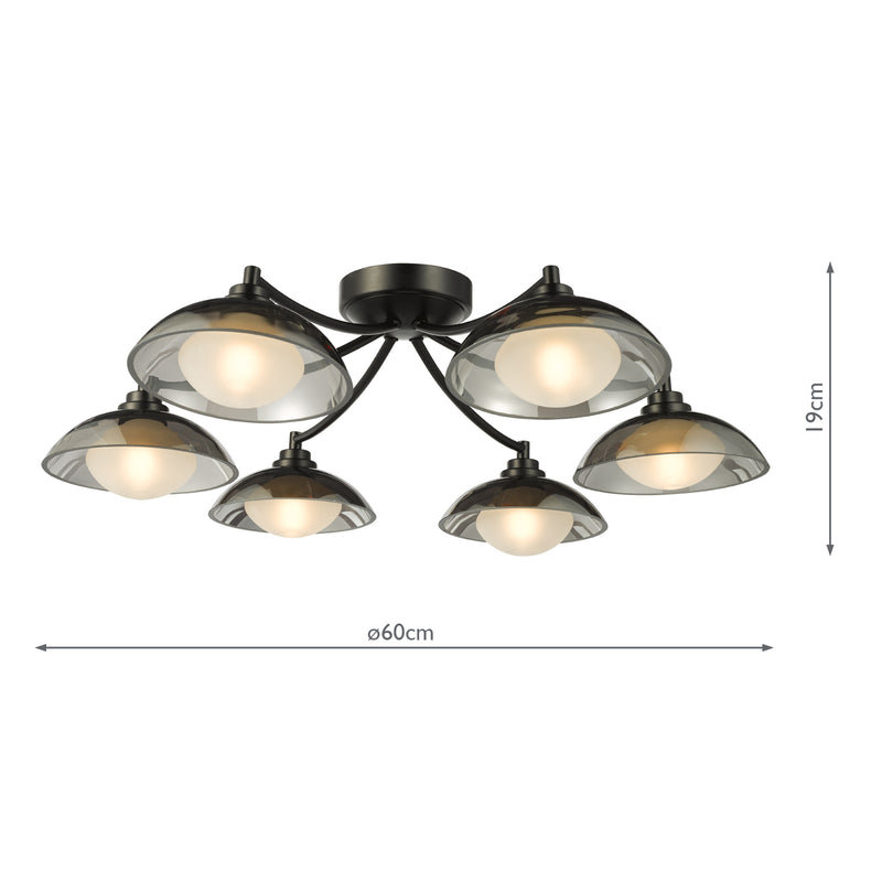 Dar Lighting Kadience 6 Light Semi-Flush Satin Black and Smoked Glass • KAD0622
