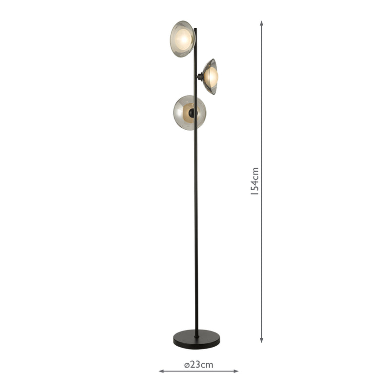 Dar Lighting Kadience 3 Light Floor Lamp Satin Black and Smoked Glass • KAD4922