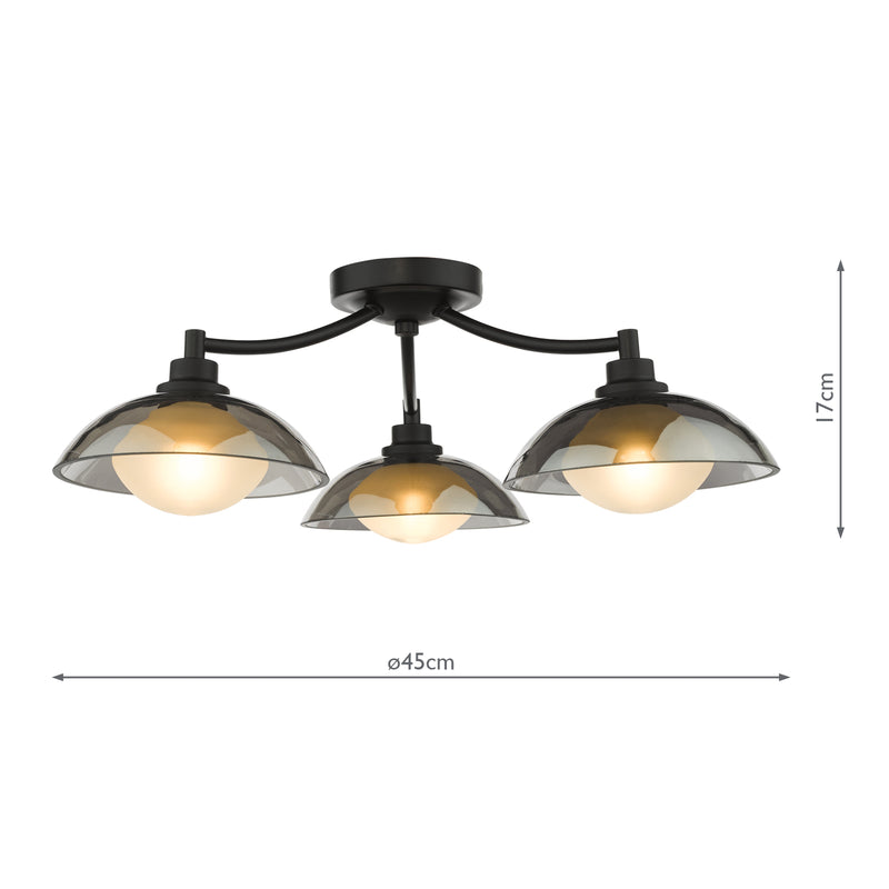 Dar Lighting Kadience 3 Light Semi-Flush Satin Black and Smoked Glass • KAD5322