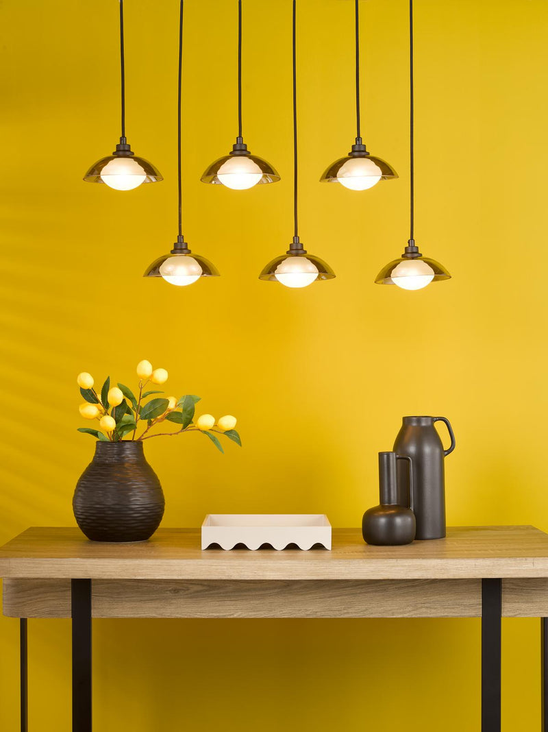 Dar Lighting Kadience 6 Light Bar Pendant Satin Black and Smoked Glass • KAD6422