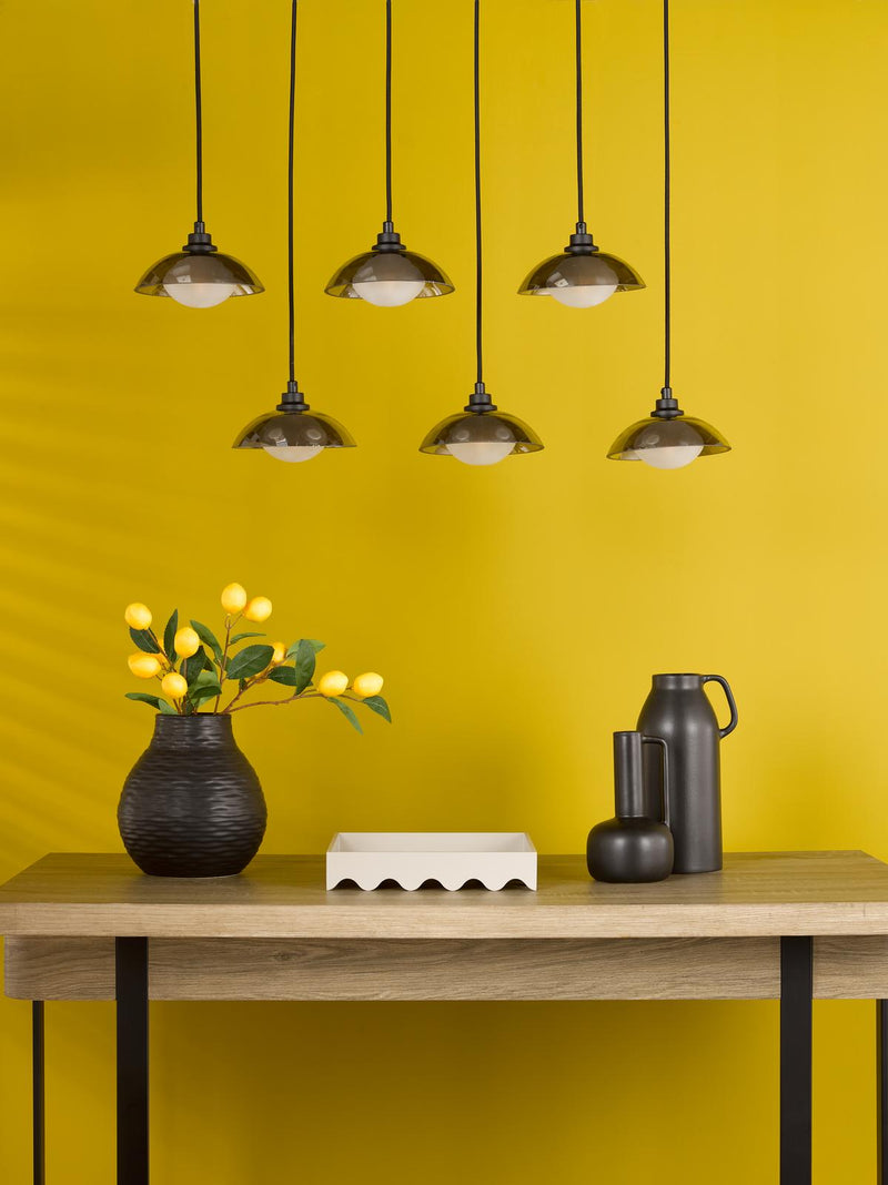Dar Lighting Kadience 6 Light Bar Pendant Satin Black and Smoked Glass • KAD6422