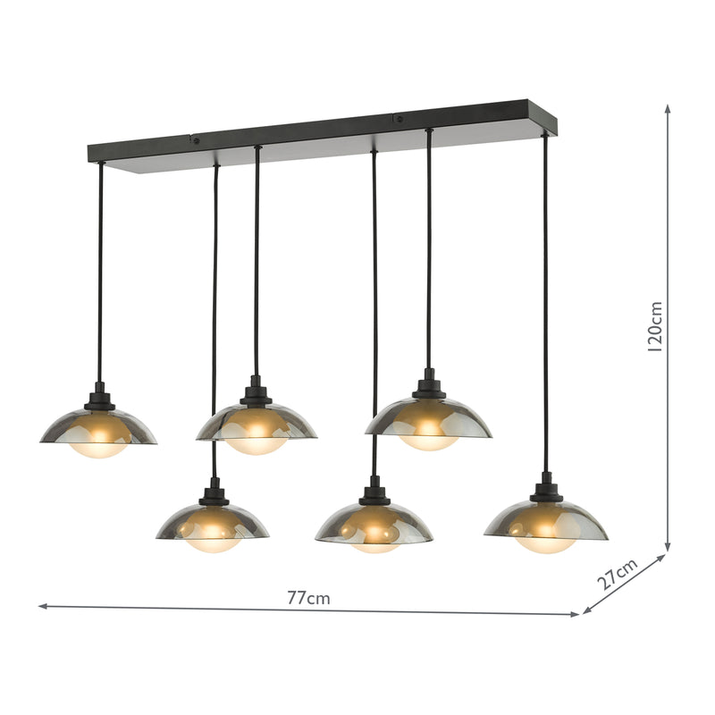 Dar Lighting Kadience 6 Light Bar Pendant Satin Black and Smoked Glass • KAD6422