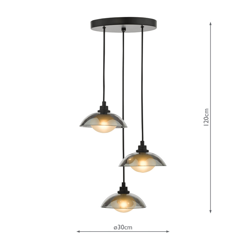 Dar Lighting Kadience 3 Light Cluster Pendant Satin Black and Smoked Glass • KAD8822