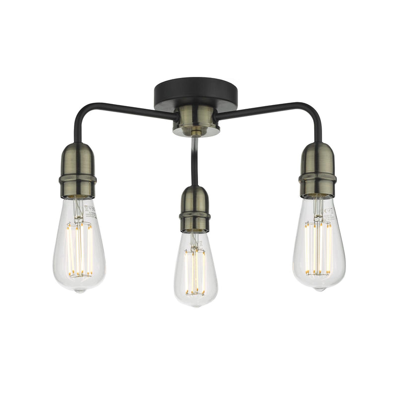 Dar Lighting Kiefer 3 Light Flush Black & Antique Brass • KIE5322
