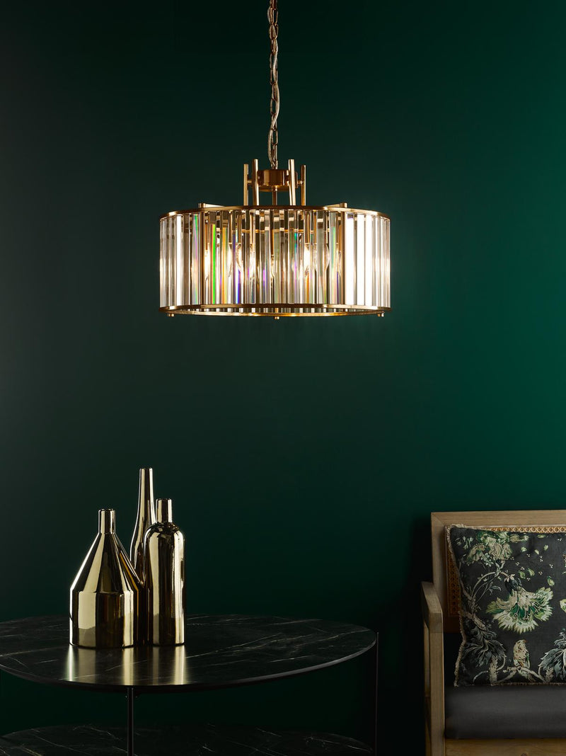 Dar Lighting Kiran 5 Light Pendant Natural Brass and Crystal • KIR0535