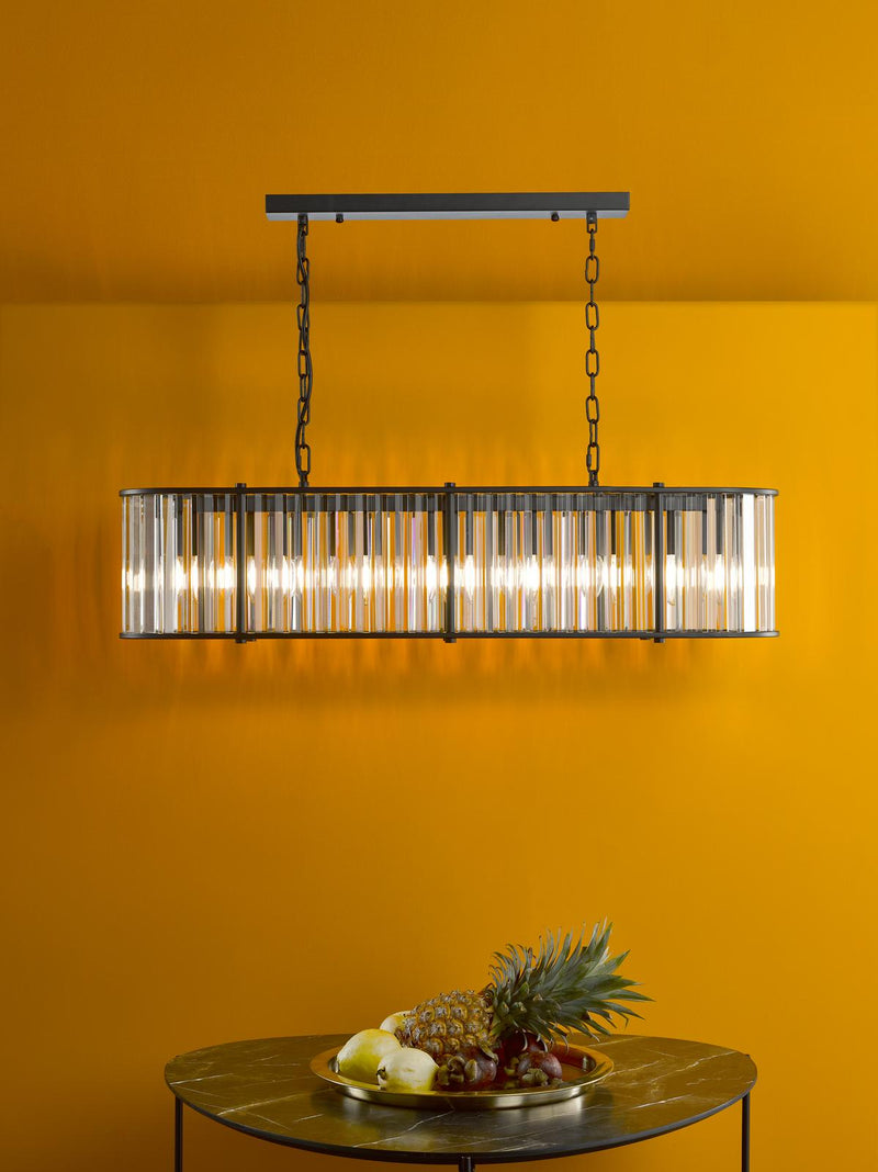 Dar Lighting Kiran 7 Light Bar Pendant Satin Black and Crystal • KIR3422