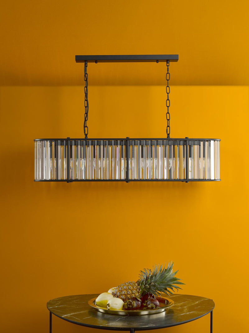 Dar Lighting Kiran 7 Light Bar Pendant Satin Black and Crystal • KIR3422